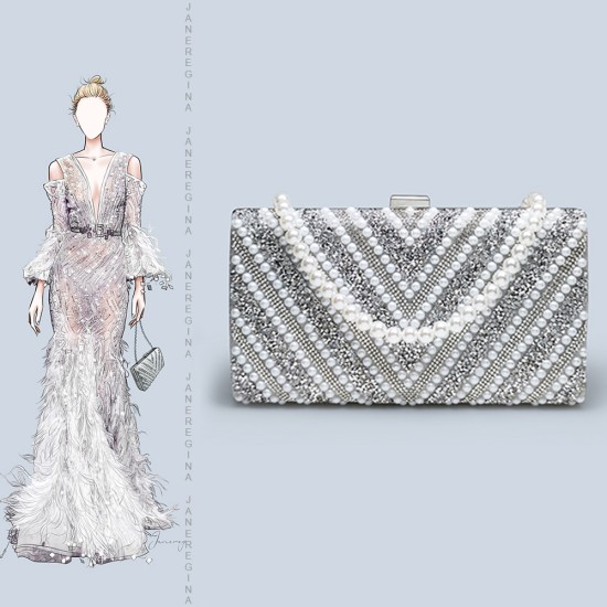 Thin silver bag womens rhinestone pearl dinner clutch - Memoo.com